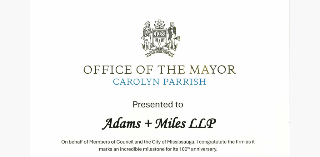 Adams + Miles 100th anniversary letter from Mississauga Mayor Carolyn Parrish