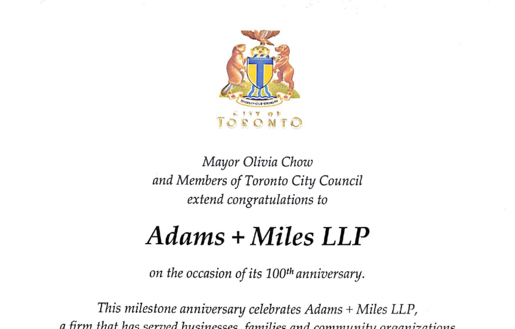 100th anniversary letter for Adams + Miles from Toronto Mayor Olivia Chow and Toronto city council members