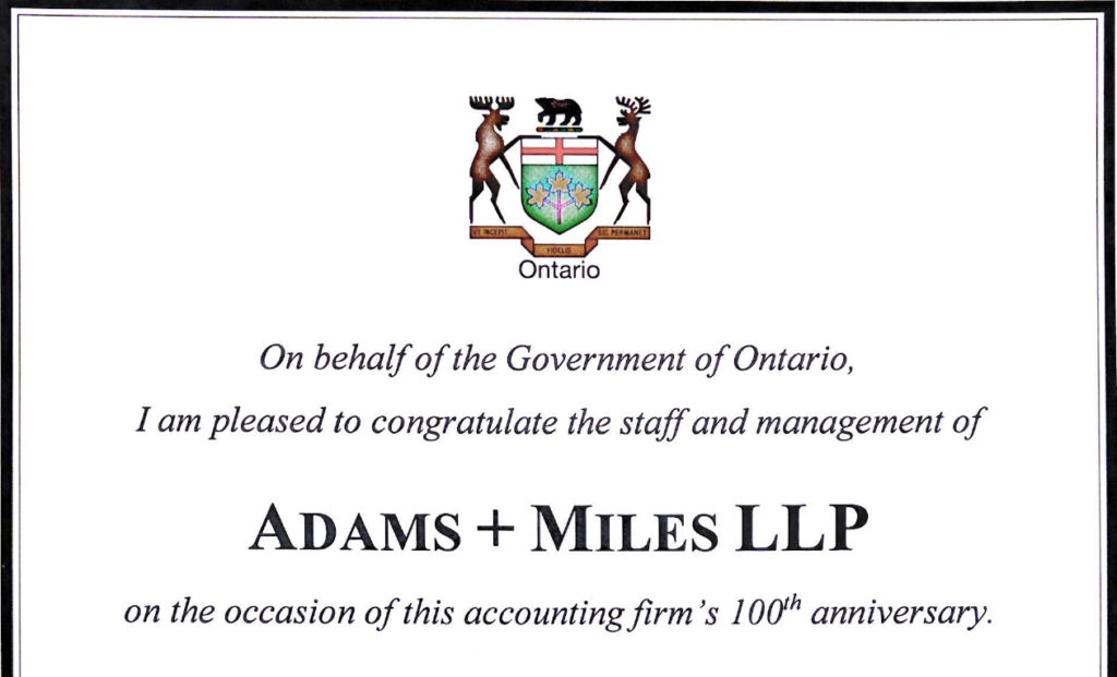 Certificate from Ontario Premier Doug Ford acknowledging Adams + Miles' 100th anniversary
