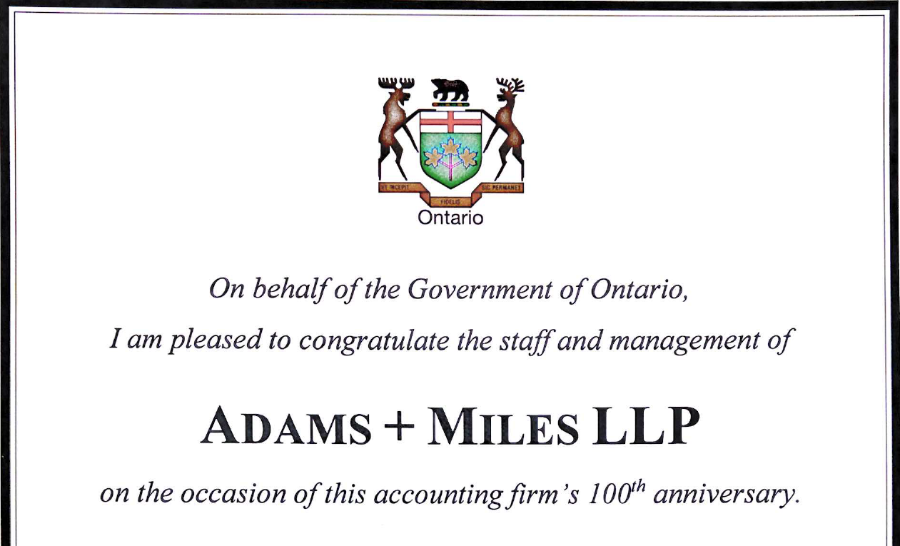 Certificate from Ontario Premier Doug Ford acknowledging Adams + Miles' 100th anniversary