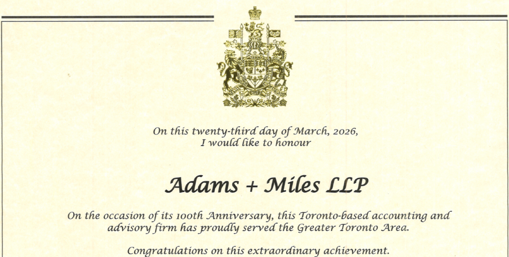 Letter of congratulations from Prime Minister Mark Carney on Adams + Miles' 100th anniversary for Adams + Miles