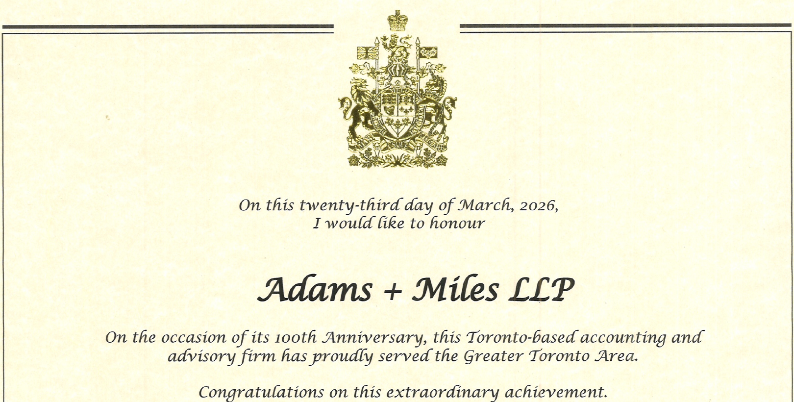 Letter of congratulations from Prime Minister Mark Carney on Adams + Miles' 100th anniversary for Adams + Miles