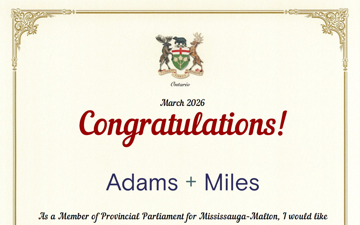 100th anniversary letter for Adams + Miles from Deepak Anand, the Member of Provincial Parliament for Mississauga–Malton