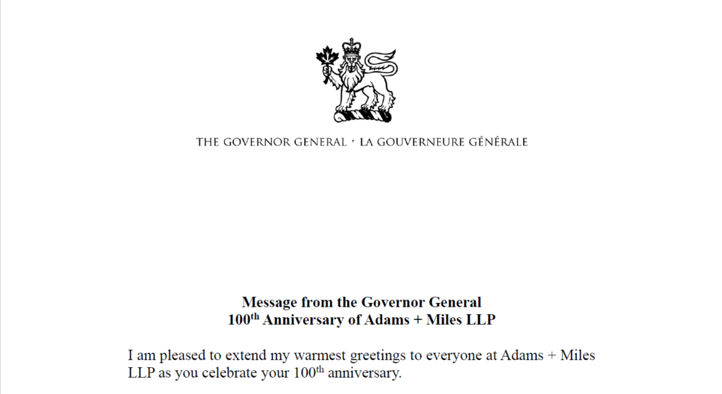 Governor General message for Adams + Miles' 100th anniversary