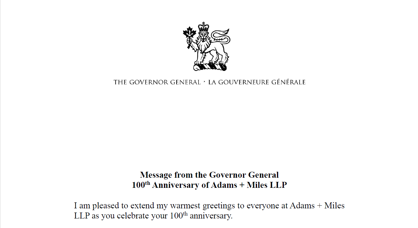 Governor General message for Adams + Miles' 100th anniversary