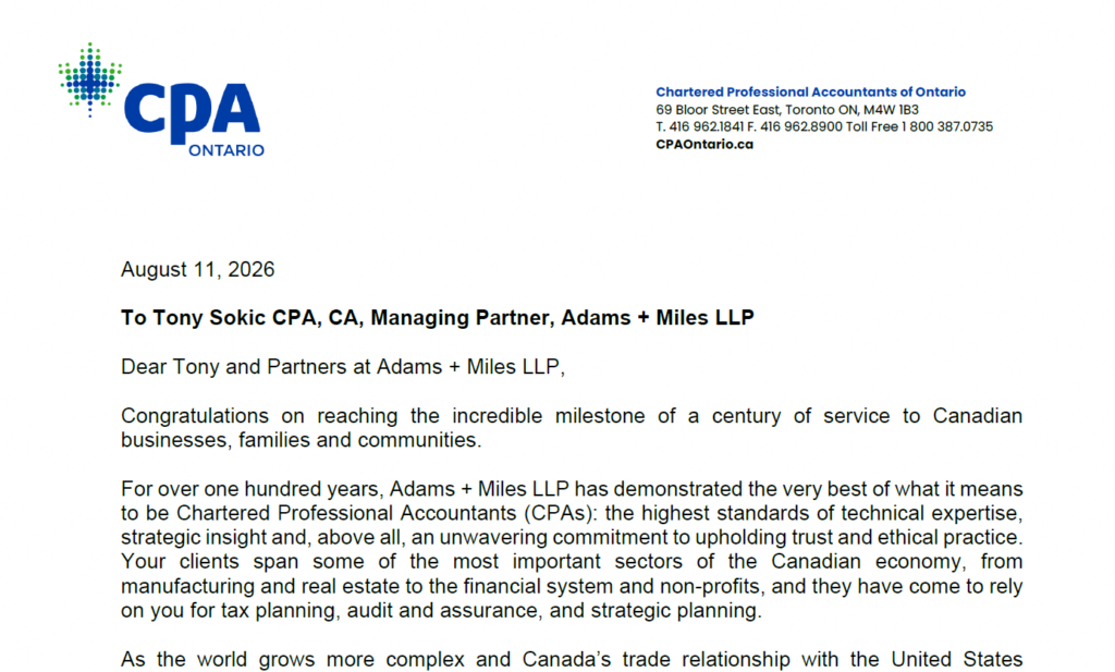 CPA Ontario letter of congratulations from Carol Wilding