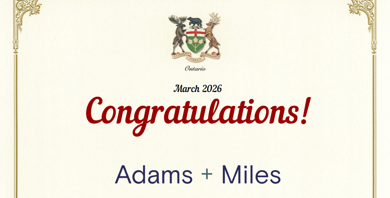100th anniversary letter for Adams + Miles from Deepak Anand, the Member of Provincial Parliament for Mississauga–Malton