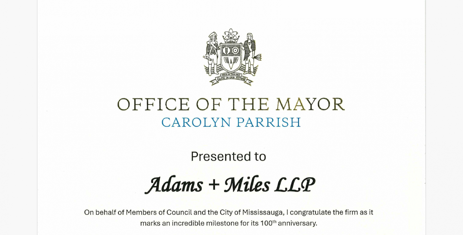 Adams + Miles 100th anniversary letter from Mississauga Mayor Carolyn Parrish