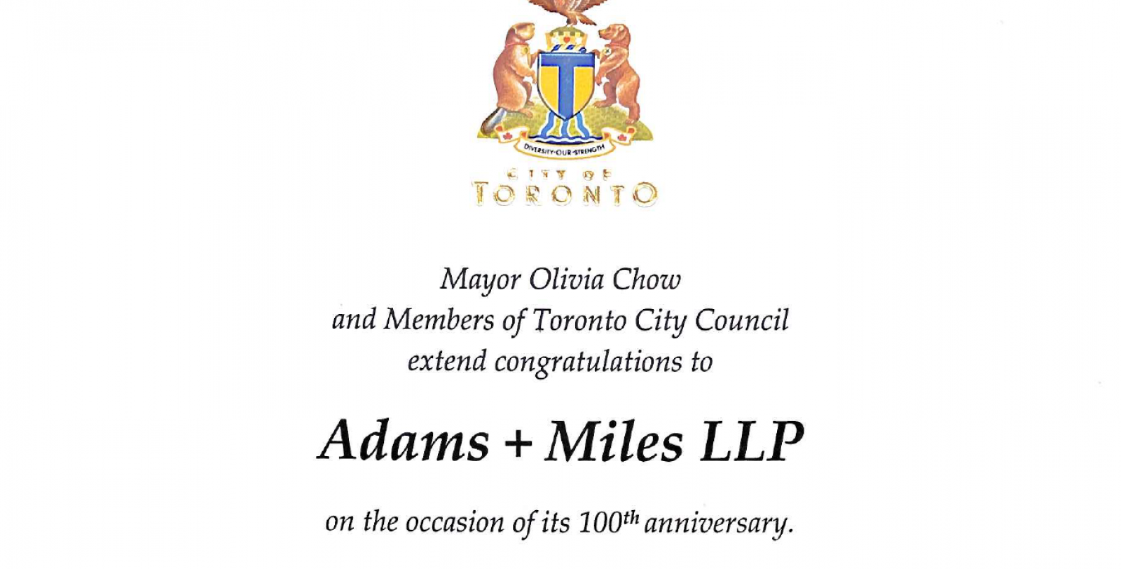 100th anniversary letter for Adams + Miles from Toronto Mayor Olivia Chow and Toronto city council members