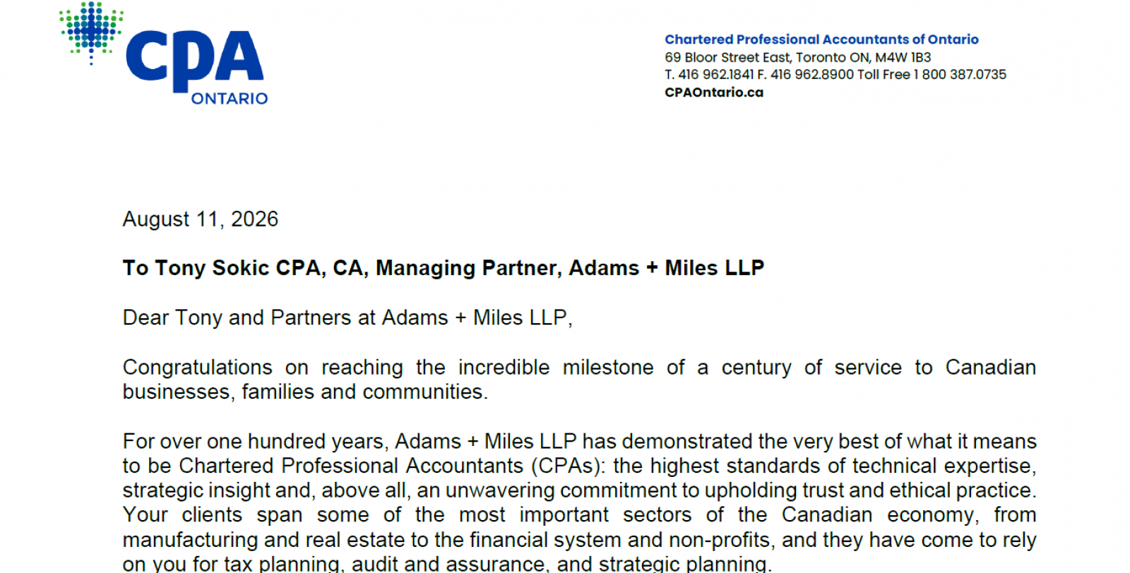 CPA Ontario letter of congratulations from Carol Wilding