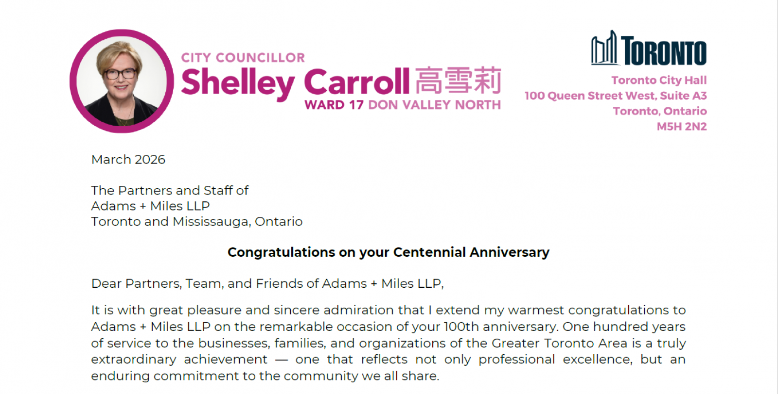 Letter from Toronto Councillor Shelley Carroll wishing Adams + Miles happy 100th anniversary