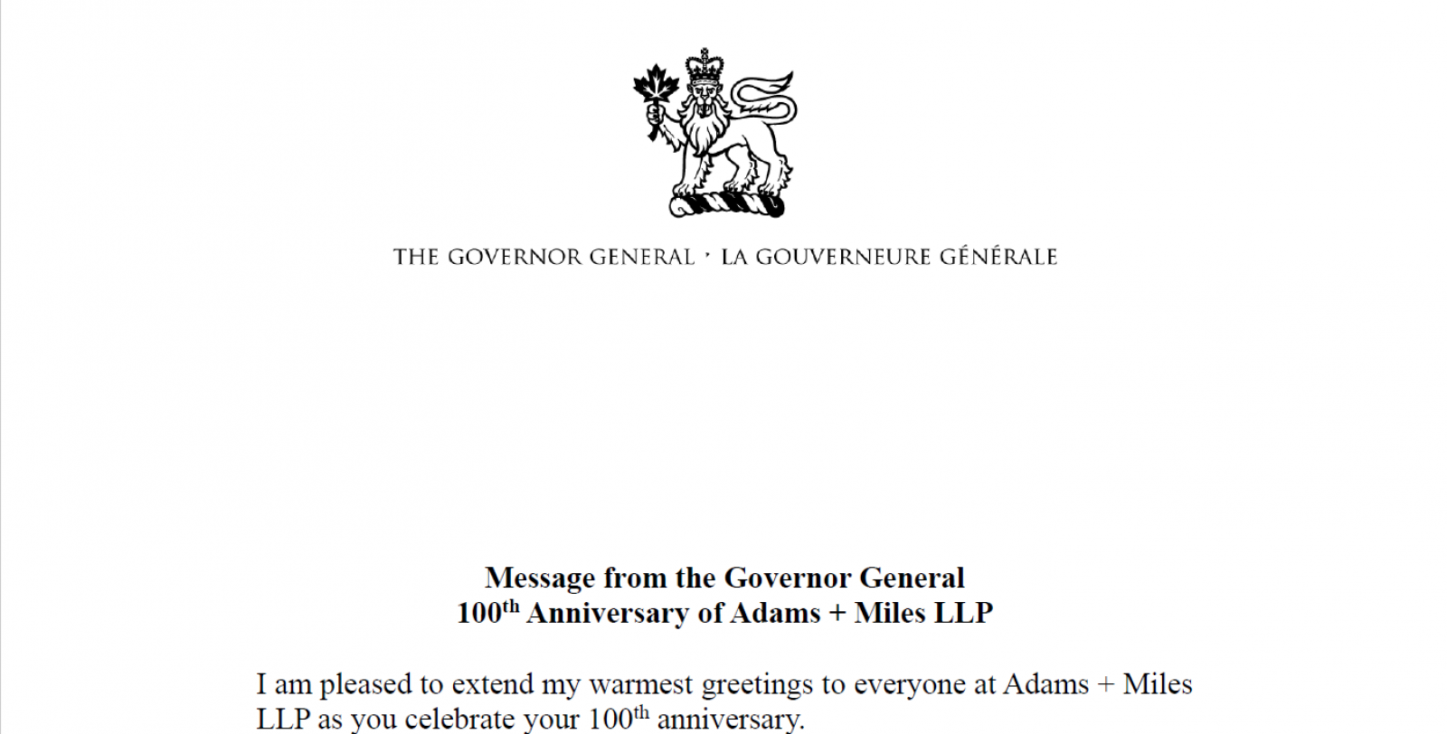Governor General message for Adams + Miles' 100th anniversary