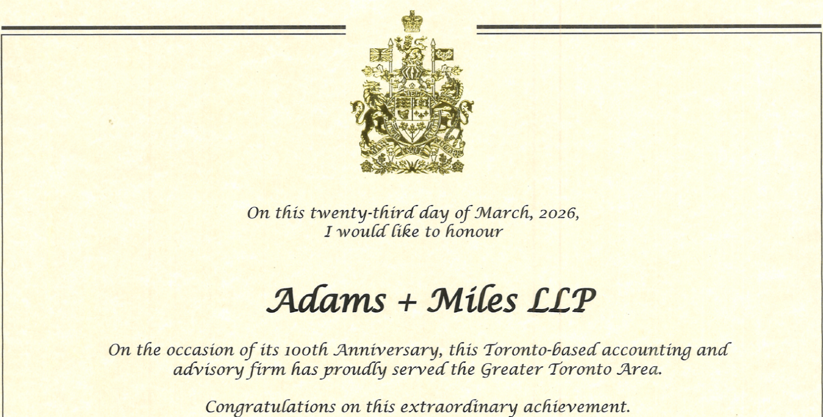 Letter of congratulations from Prime Minister Mark Carney on Adams + Miles' 100th anniversary for Adams + Miles